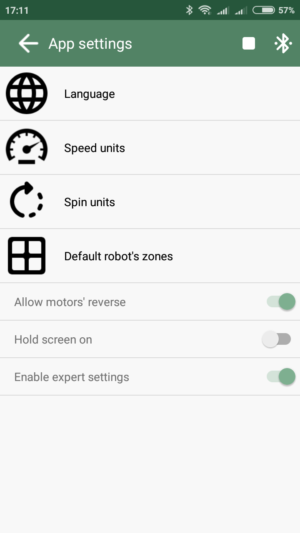 App settings menu